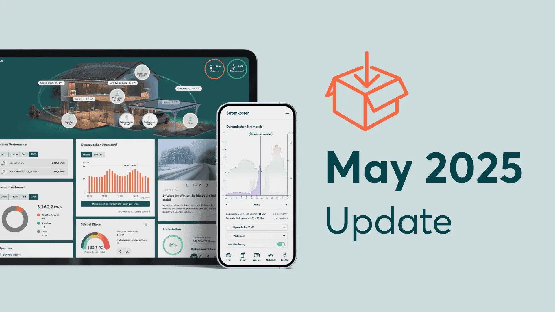 Image of the SOLARWATT Manager portal and Home app demonstrating the new functionality, adjacent to text displaying the news article title saying "May 2025 Update"