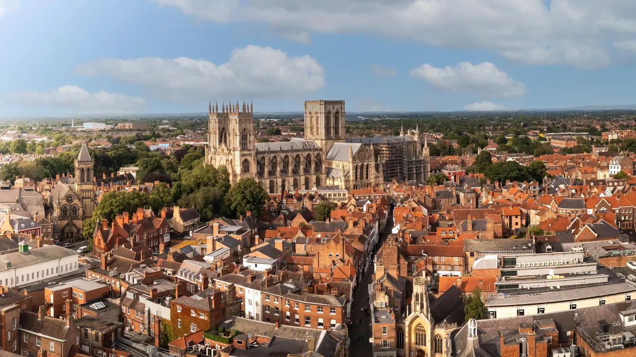 An aerial landscape view of the iconic York Minster cathedral, North East England.