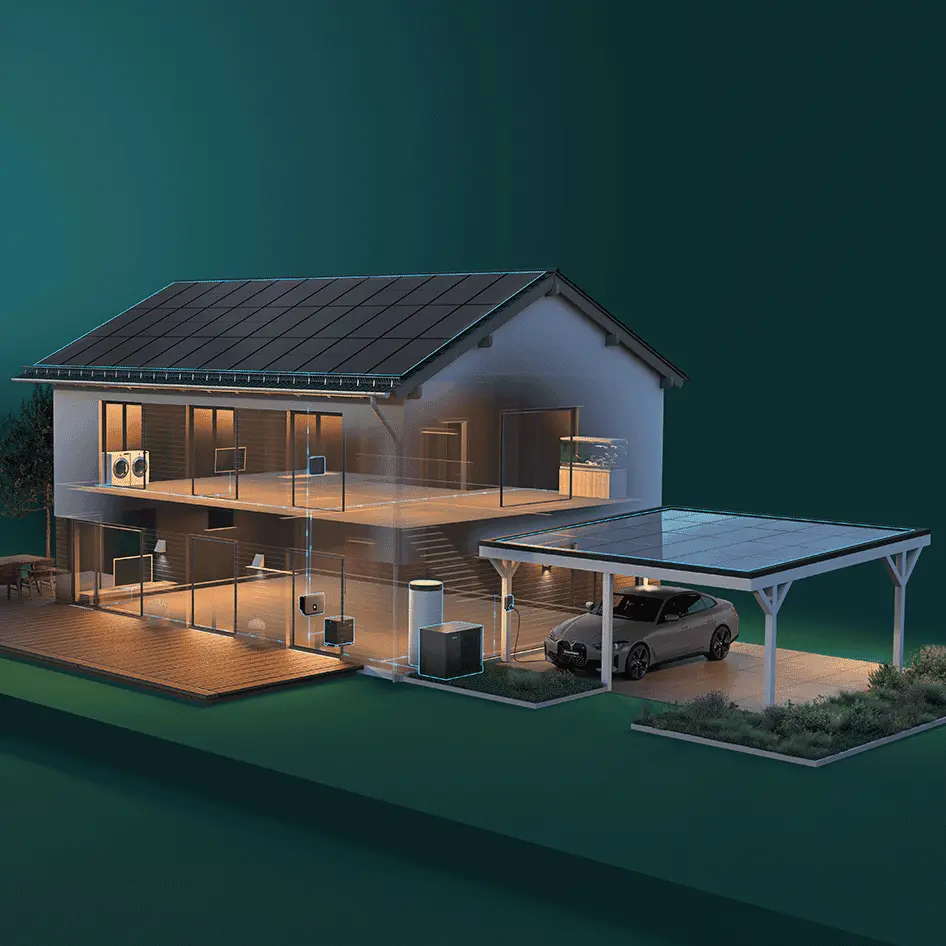 Ein 3D-Modell von einem Haus und einem Carport mit einer Solaranlage als Dach.