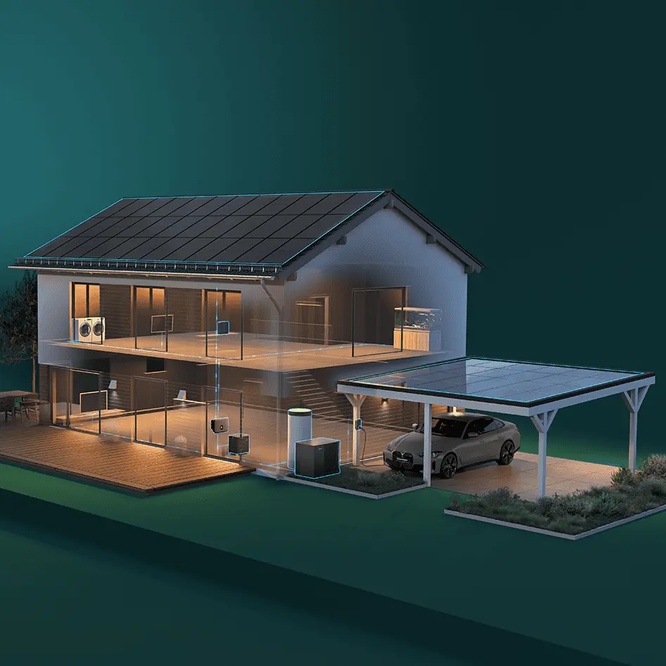 Ein 3D-Modell von einem Haus und einem Carport mit einer Solaranlage als Dach.