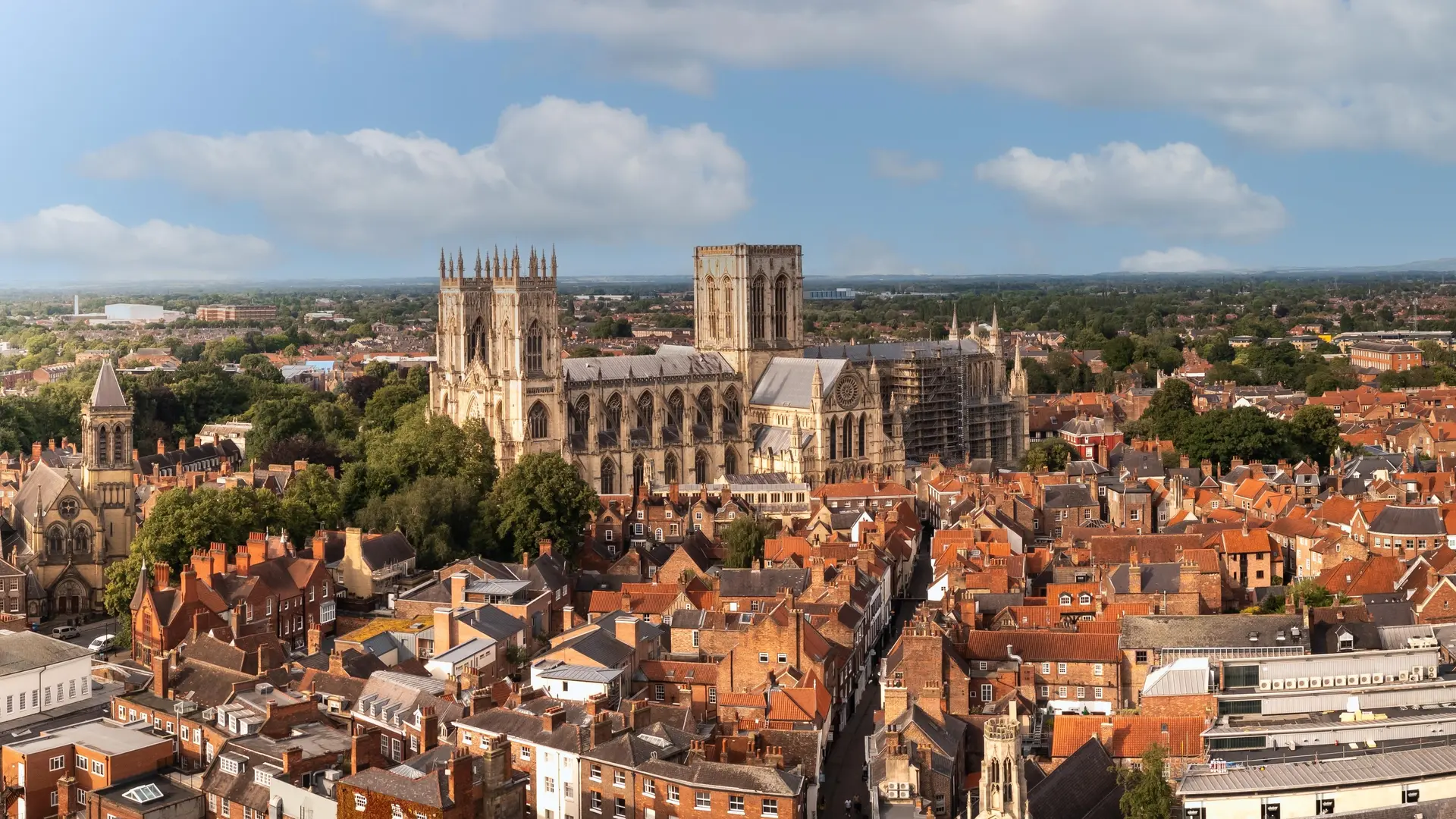 An aerial landscape view of the iconic York Minster cathedral, North East England.