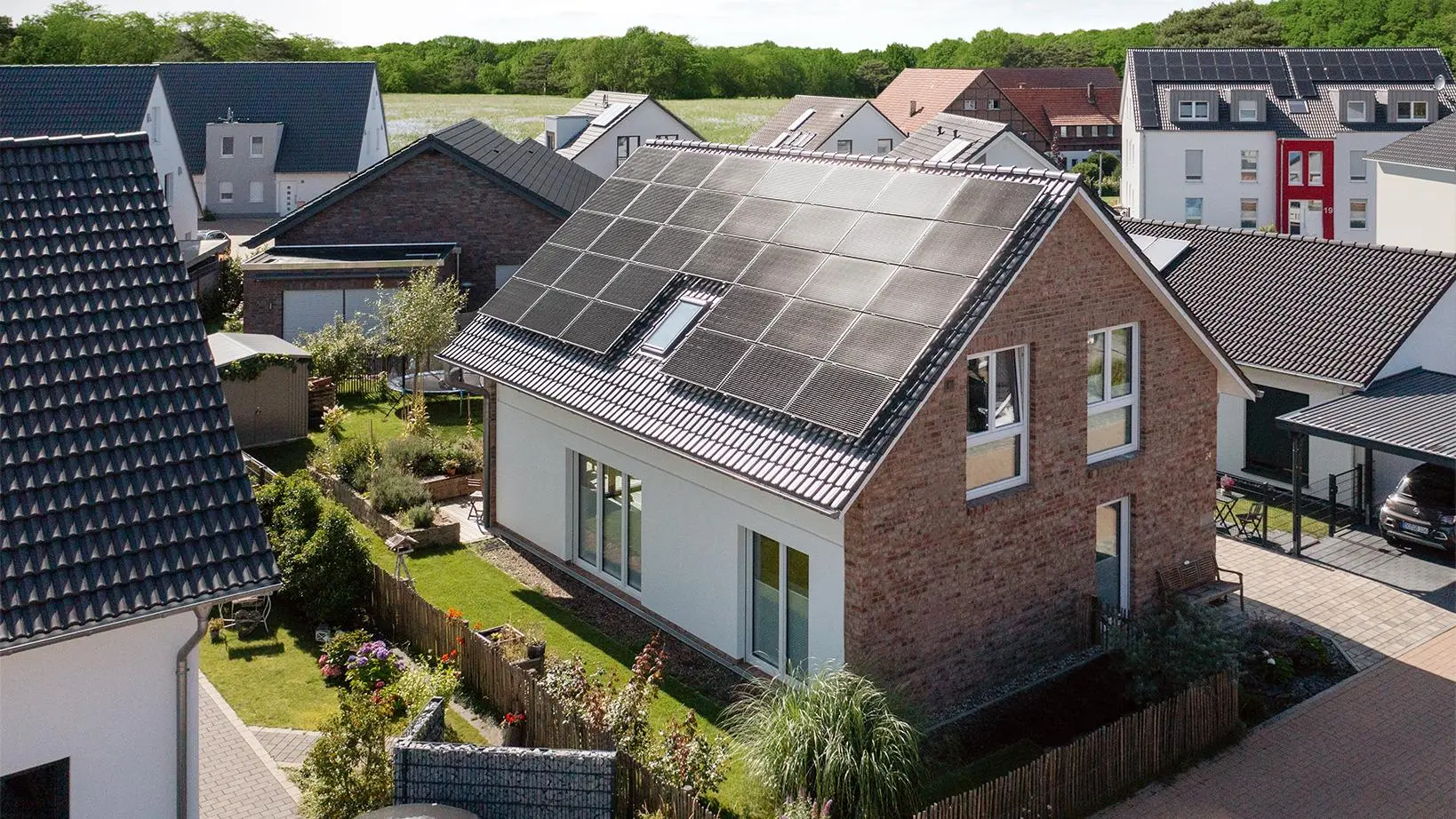 Single-family home with a solar panel system on the roof