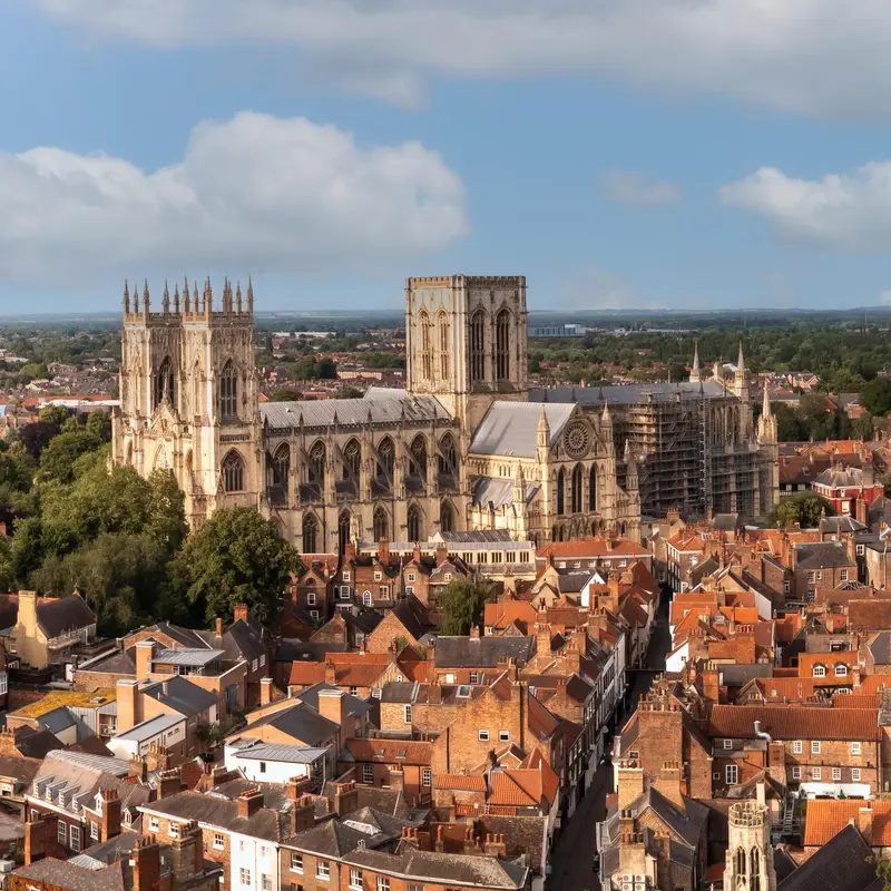 An aerial landscape view of the iconic York Minster cathedral, North East England.