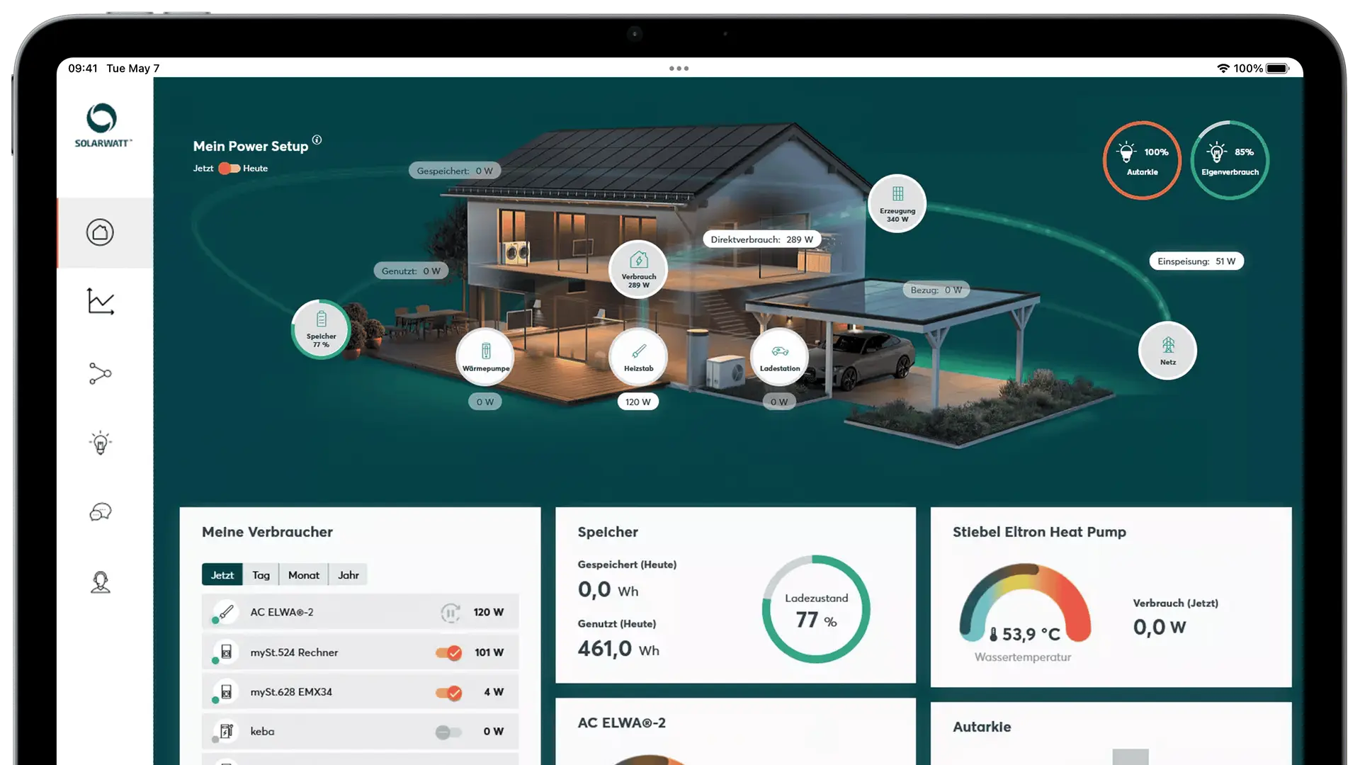 SOLARWATT Manager portal shows the power consumption of the heat pump in the household