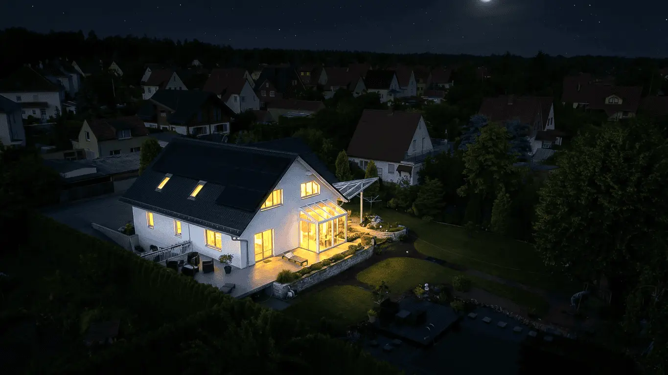 Beleuchtetes Haus in dunkler Wohnsiedlung