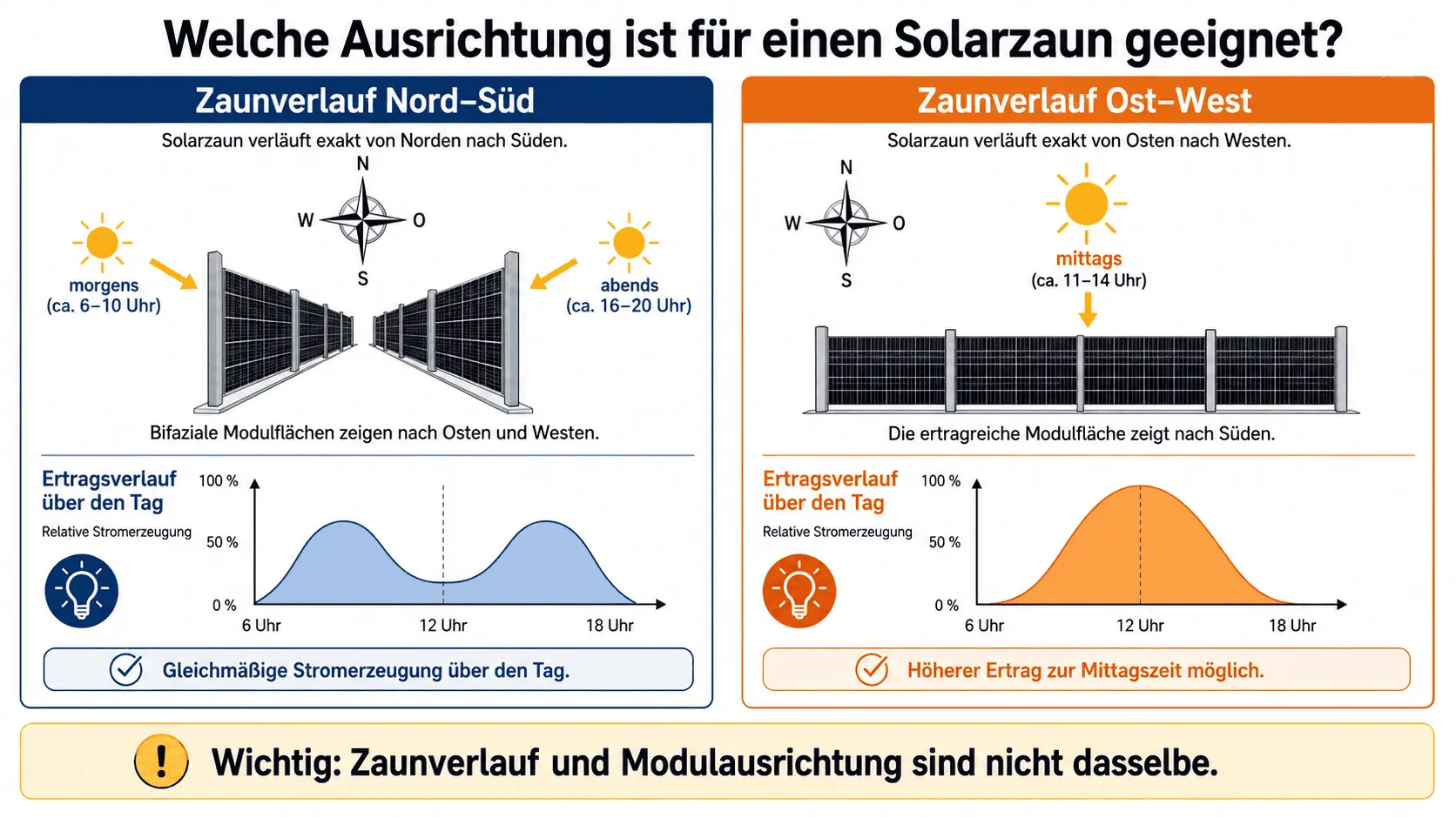 Vergleich der Ausrichtung von Solarzäunen: Nord-Süd vs. Ost-West.