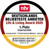 ntv-Siegel: Deutschlands beliebteste Anbieter. 1. Platz Solartechnik