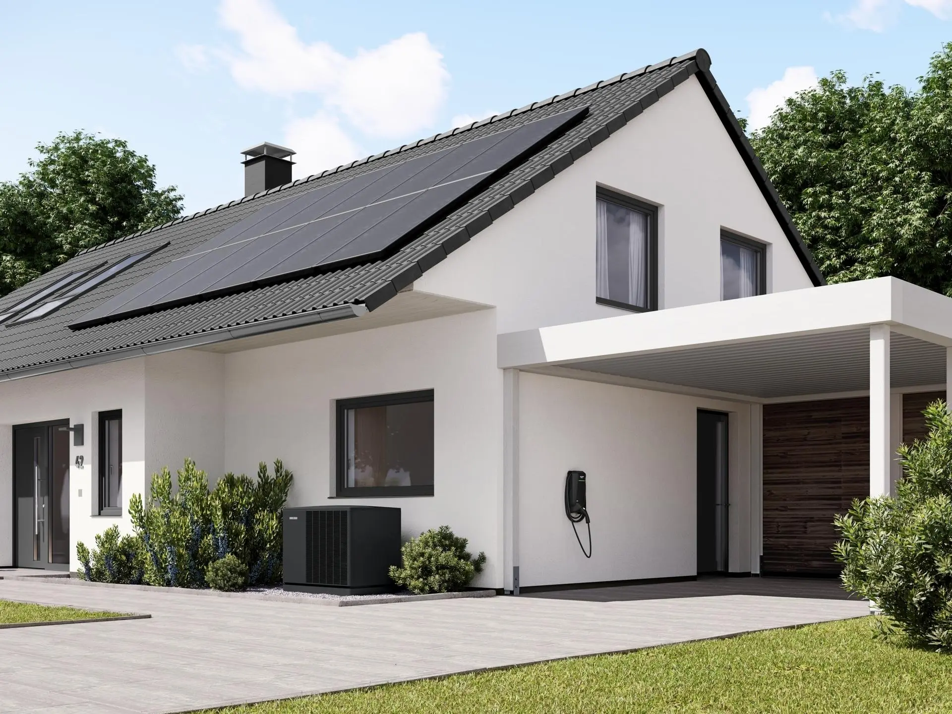 Haus mit PV-Anlage, Speicher und Wallbox.