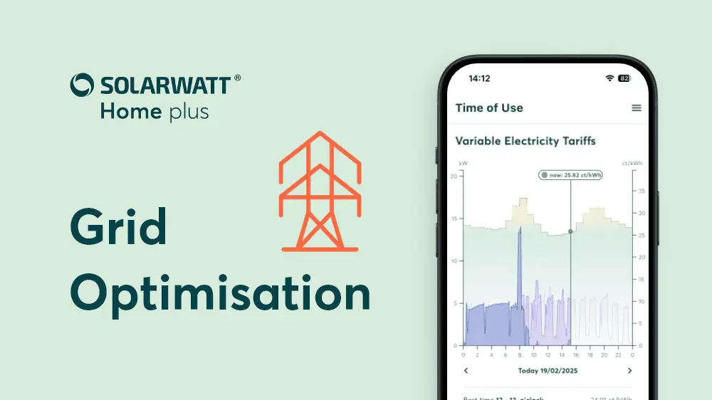 Image of the SOLARWATT Home app demonstrating the time-of-use variable electricity tariffs screen, adjacent to text displaying the subheading: "Grid Optimisation"